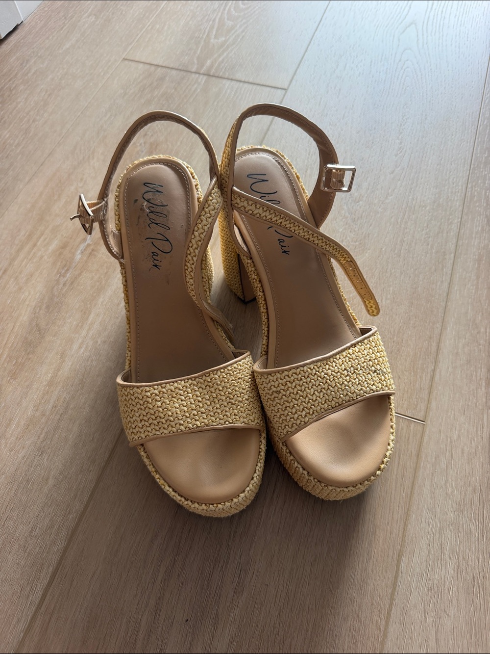 Wild Pair Yellow Woven Platform Slingback Wedges